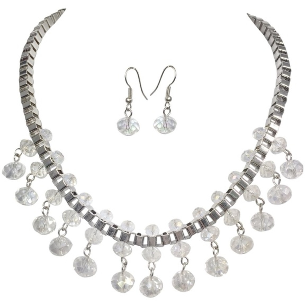 Clear Glass Drop Box Chain Necklace Earrings Set
